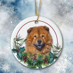Red Chow Chow Dog Evergreen Berry Wreath Ceramic Tree Decoration