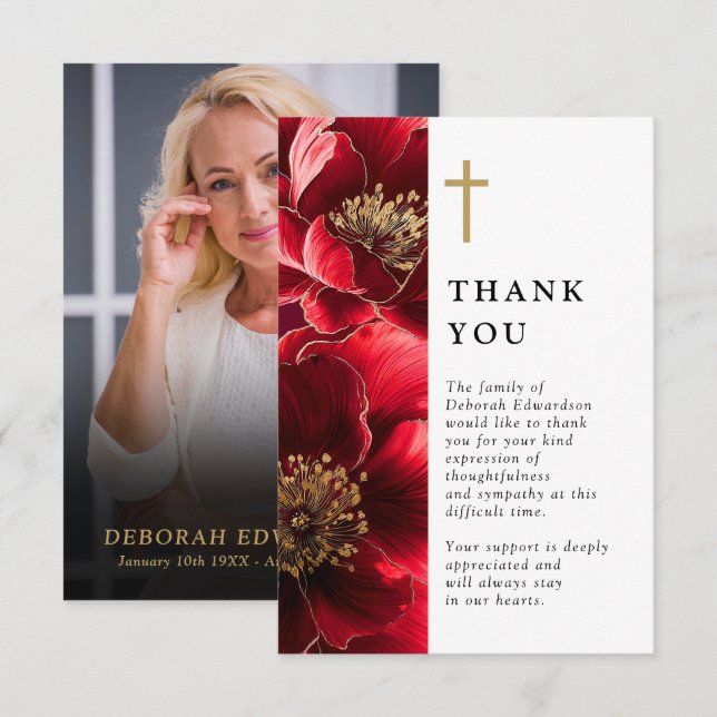 Red Christian Celebration Of Life Photo Thank You Card (Front/Back)