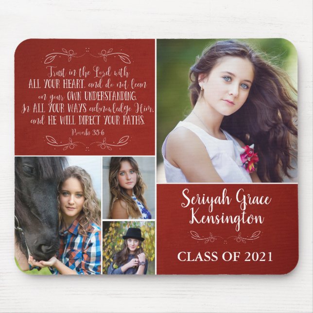 Red Christian Verse Graduation 4 Photo Collage Mouse Mat (Front)