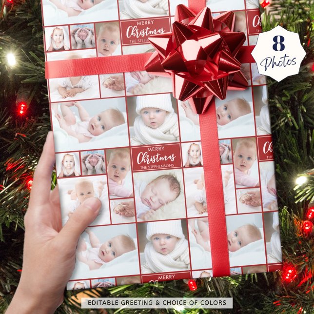 Red Christmas 8 Photo Collage Personalised Custom Wrapping Paper (Creator Uploaded)