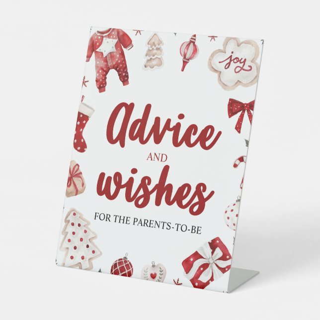 Red Christmas Advice and Wishes Baby Shower Sign (Front)