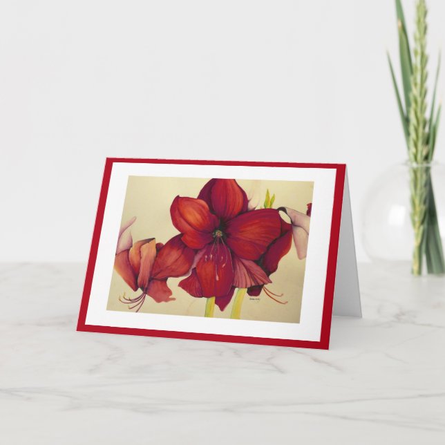 Red Christmas Amaryllis Painting Red Border Card (Front)