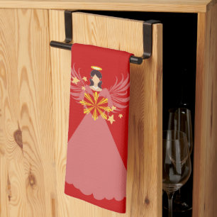 Red Christmas Angel Heart Stars Wings Halo Tea Towel
