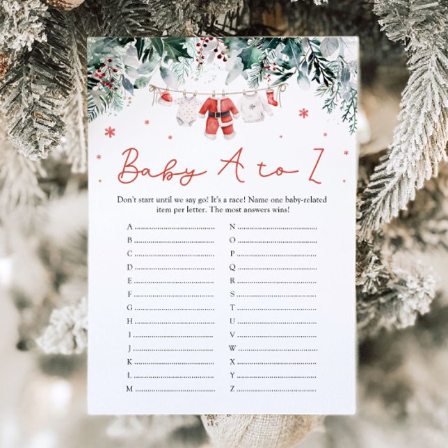 Red Christmas Baby Items A to Z Baby Shower Game Invitation (Watercolor Red Christmas Baby Items A to Z Baby Shower Game)