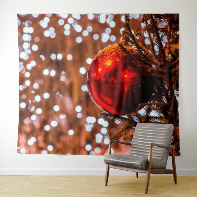 Red Christmas ball, brown bacground, white lights Tapestry (In Situ (Horizontal))