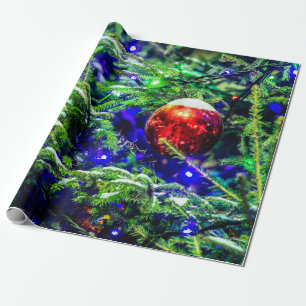 Red Christmas Ball, Green Spruce Tree Wrapping Paper