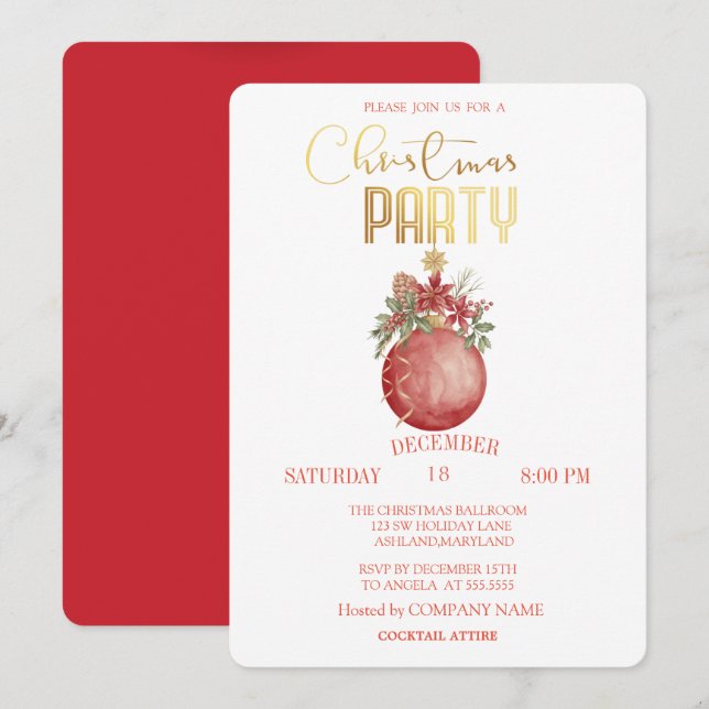 Red Christmas Ball,Poinsettia Christmas  Invitation (Front/Back)
