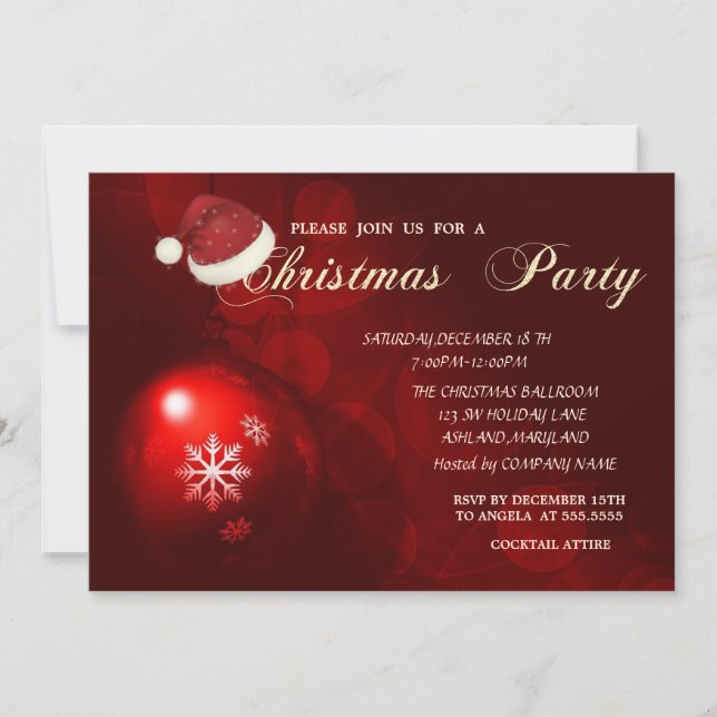 Red Christmas Ball,Santa Hat, Company Christmas  Invitation (Front)