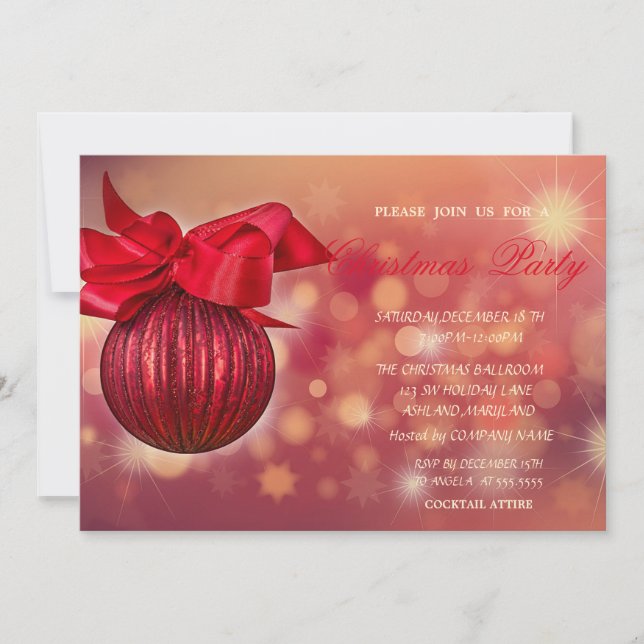 Red Christmas Balls Bokeh Company Company Invitation (Front)