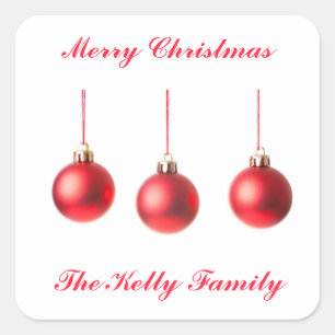 Red Christmas Balls decoration photo with text Square Sticker