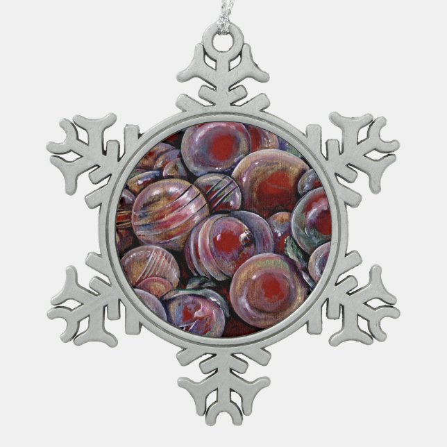 Red Christmas Balls Snowflake Pewter Christmas Ornament (Front)