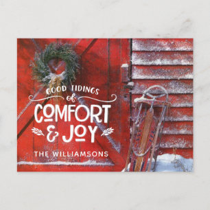 Red Christmas Barn Country Script Comfort and Joy Holiday Postcard