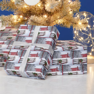 Red Christmas Barn In Snow Wrapping Paper