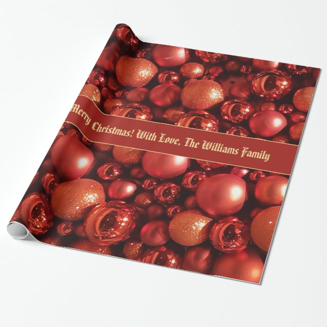 Red Christmas Baubles Pattern Add Text Wrapping Paper (Unrolled)