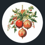 Red Christmas Baubles with Holly Festive Classic Round Sticker<br><div class="desc">Stickers with a vintage style illustration. 3 red Christmas baubles surrounded by green holly and berries. Stylish retro design.</div>