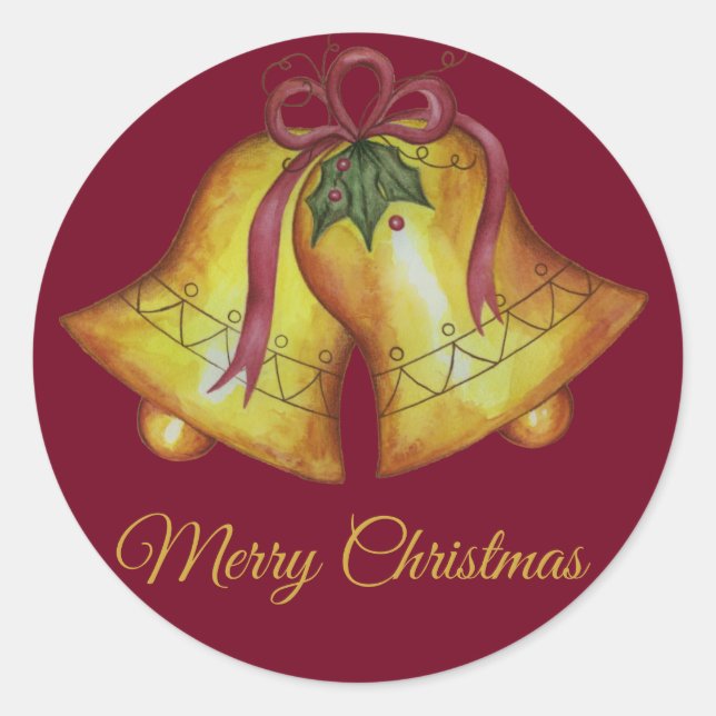 Red Christmas Bells Holiday Traditional  Classic Round Sticker (Front)