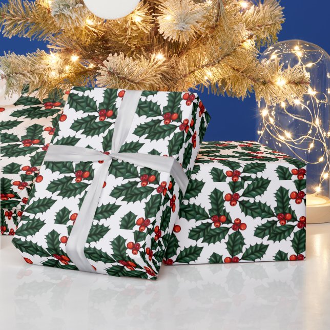 Red Christmas Berries and Leaves White Christmas Wrapping Paper (Holidays)
