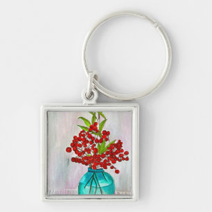 Red Christmas Berries watercolor fine art Key Ring