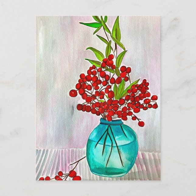 Red Christmas Berries watercolor fine art Postcard (Front)