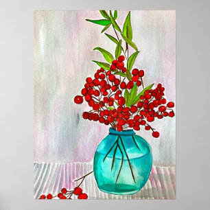 Red Christmas Berries watercolor fine art Poster