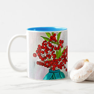 Red Christmas Berries watercolor fine art Two-Tone Coffee Mug