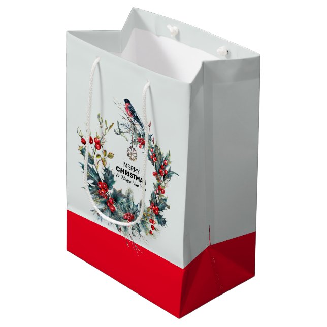 Red Christmas berries wreath & bullfinch Medium Gift Bag (Front Angled)