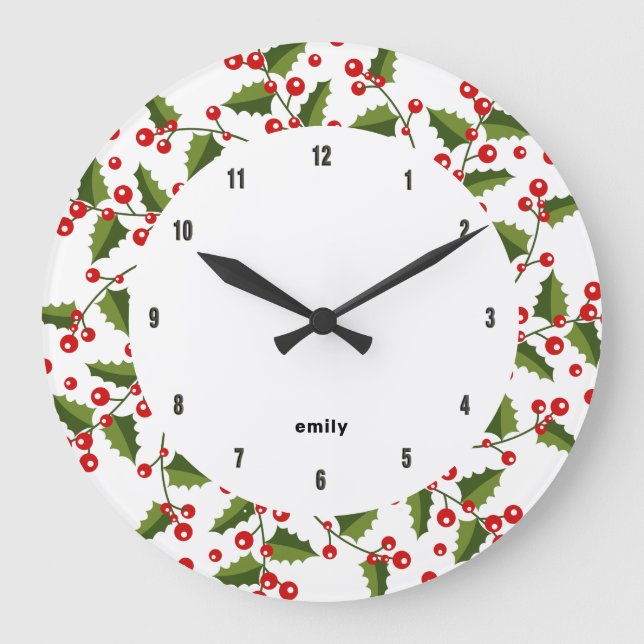 Red Christmas berries wreath Large Clock (Front)