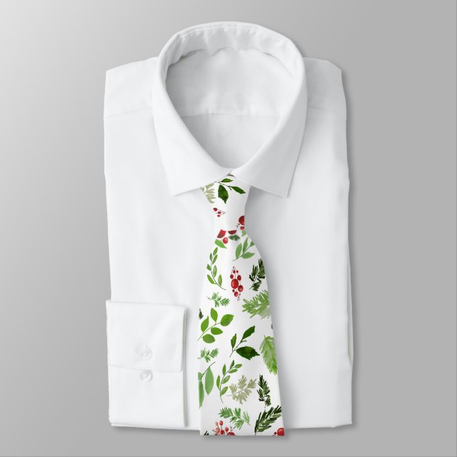 Red Christmas Berry Holly Leaves Pattern Holiday Tie (Tied)