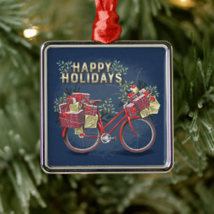 Red Christmas Bicycle with Presents Metal Tree Decoration