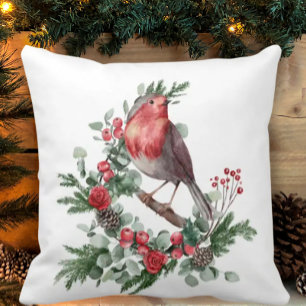 Red Christmas Bird Holly Berry Pine Cone Branches Cushion
