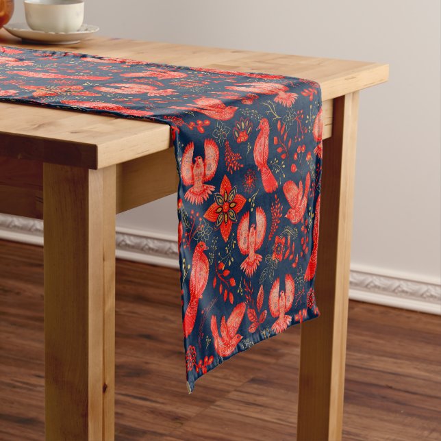 Red Christmas birds flowers pattern Short Table Runner (In Situ)