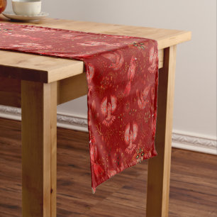 Red Christmas birds pattern on dark red Short Table Runner