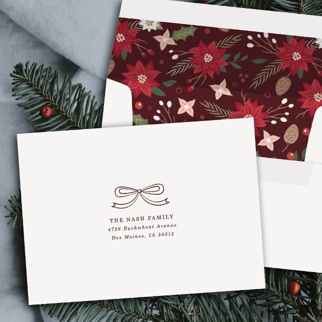 Red Christmas Bow Floral Wreath Holiday Envelope (Creator Uploaded)