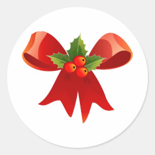 Red Christmas Bow with Holly Classic Round Sticker