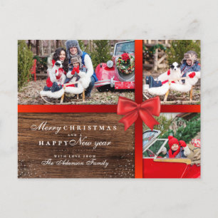 Red Christmas Bow & Wood   Christmas Photo Collage Holiday Postcard