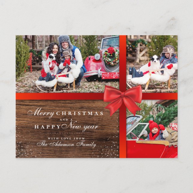 Red Christmas Bow & Wood | Christmas Photo Collage Holiday Postcard (Front)