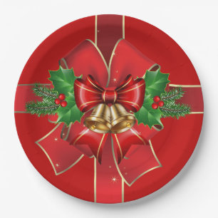 Red Christmas Bows Bells Holly Holiday Paper Plate