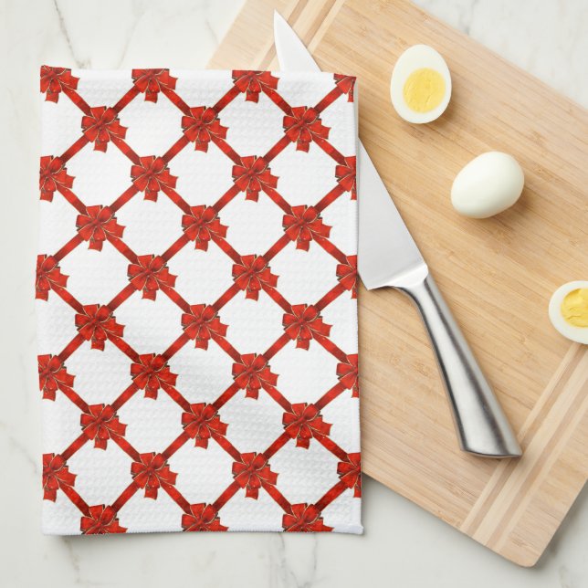 Red Christmas Bows Tea Towel (Quarter Fold)