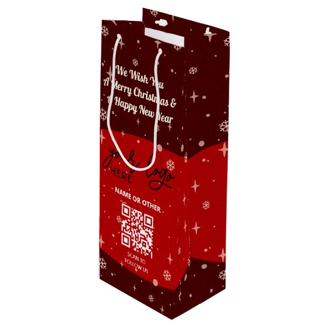 Red Christmas Business Logo QR code Snowflake Wine Gift Bag (Front Angled)