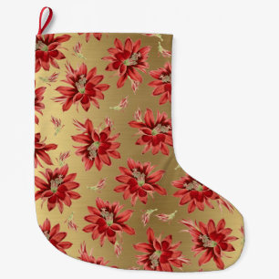 Red Christmas Cactus Flowers on Shiny Gold Large Christmas Stocking