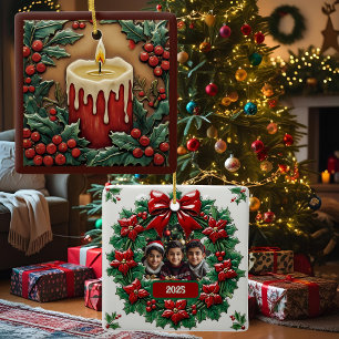 Red Christmas Candle Customisable Square Ceramic Ornament