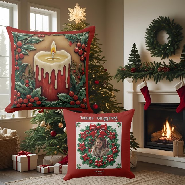 Red Christmas Candle Customisable Throw Pillow (Creator Uploaded)