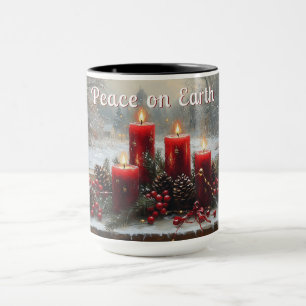 Red Christmas Candles Pine Cones Peace on Earth Mug