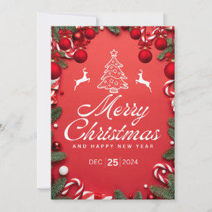 Red Christmas Card with Tree + Reindeer Festivity