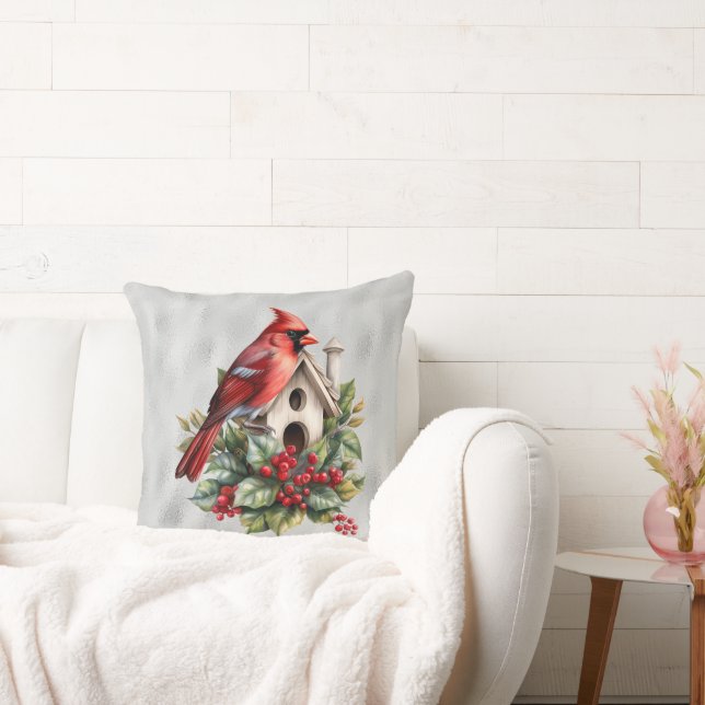 Red Christmas Cardinal At the Bird House  Cushion (Couch)