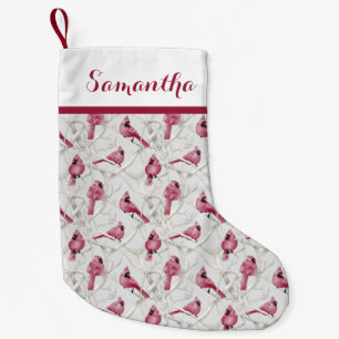Red Christmas Cardinal Birds Personalised Name Small Christmas Stocking