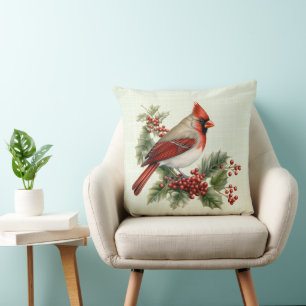 Red Christmas Cardinal Branch of Holly Berries Cushion
