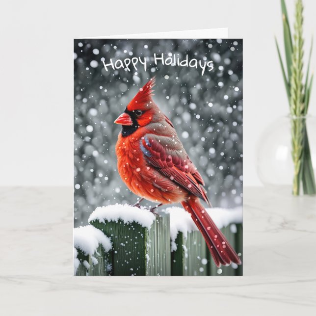 Red Christmas Cardinal On Snowy Fence Holiday Card (Front)