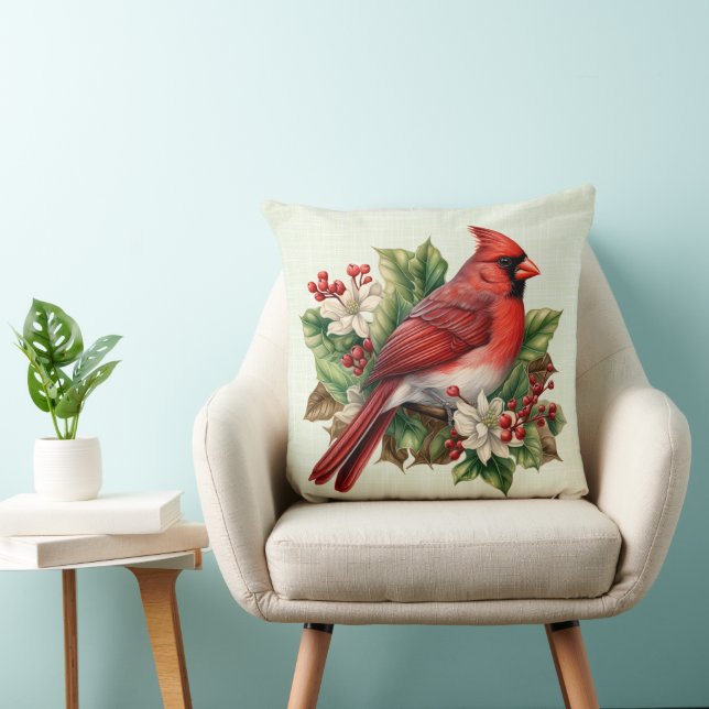 Red Christmas Cardinal Poinsettias Holly Berries Cushion (Chair)