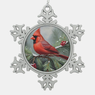 Red christmas cardinal snowflake pewter christmas ornament